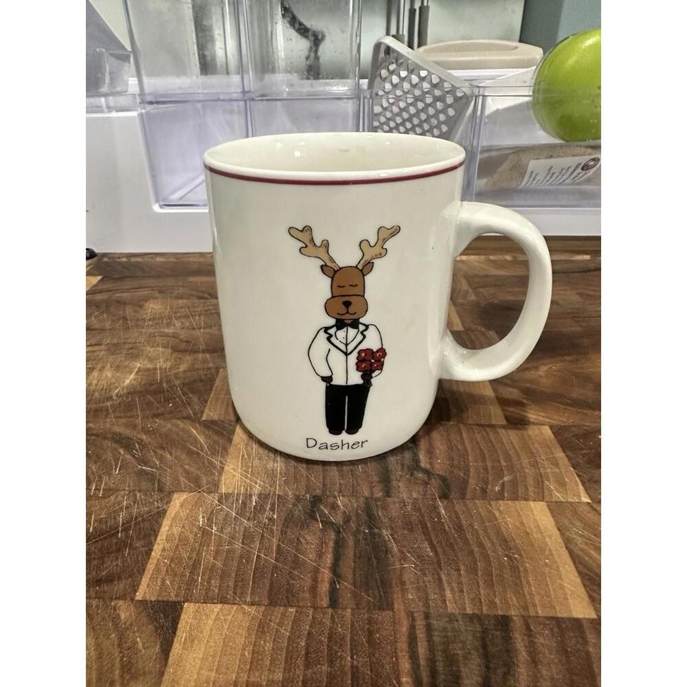 Vintage LTD COMMODITIES DASHER REINDEER  MUG RED TRIM YELLOW STARS REPLACEMENT *